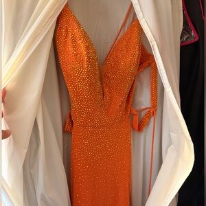 ellie wilde Orange Beaded Plunging Prom Gown
